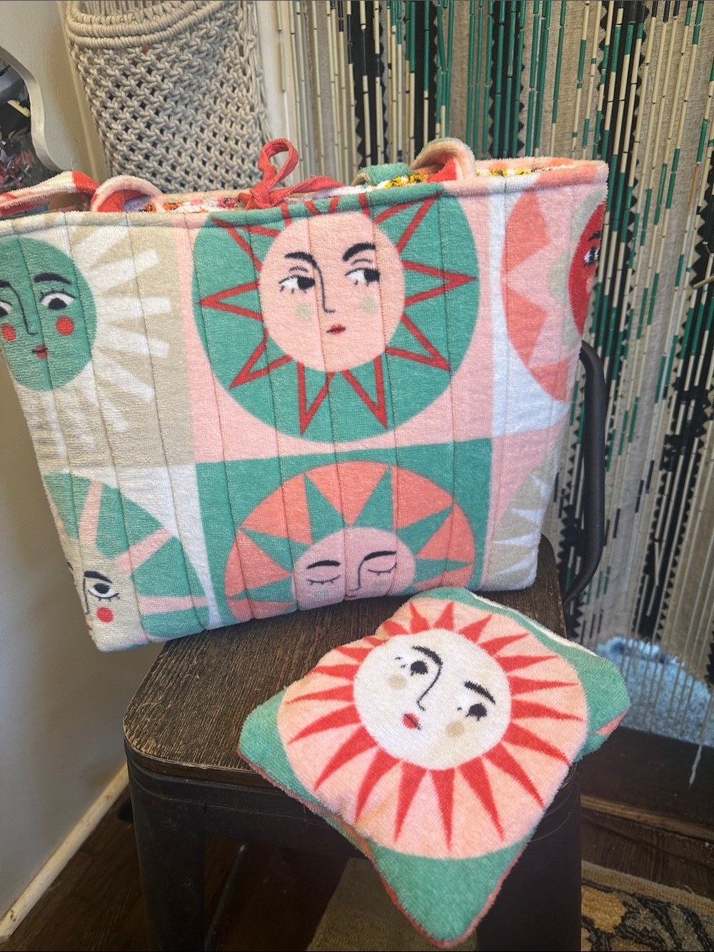 Playful Pink & Green Sun Motif Tote Bag with Matching Accessory